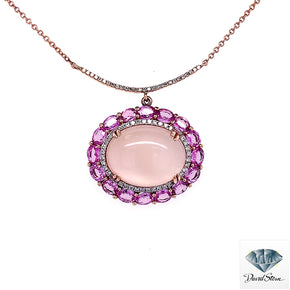 4.86 CT Oval Cabochon Rose Quartz Couture Necklace in 14kt Rose Gold.