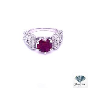 1.77 CT Ruby Round Faceted Couture Engagement Ring in 14kt White Gold